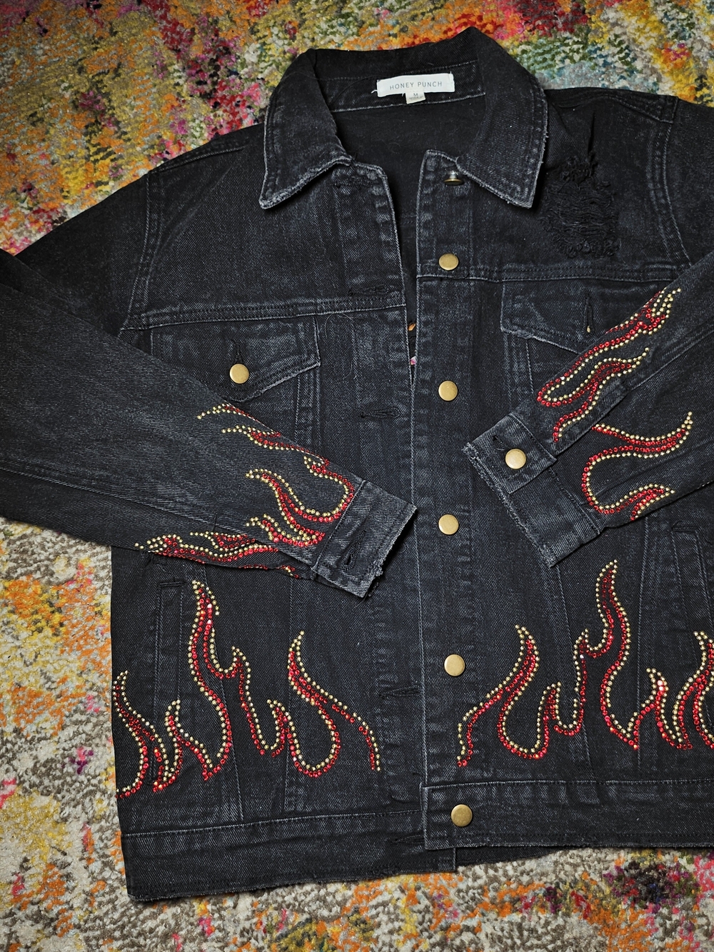 Honey Punch Black Denim Jacket with Red & Gold Flame Studs